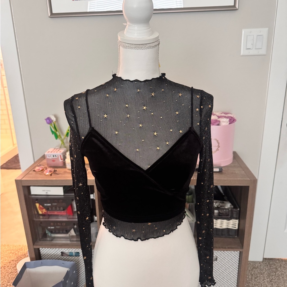 Black Sheer Star-Patterned Women's Top